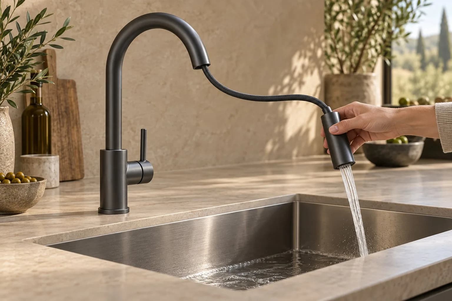 Miscelatore estraibile antracite su lavello inox sottopiano in un piano in pietra chiara; una mano estrae la doccetta.