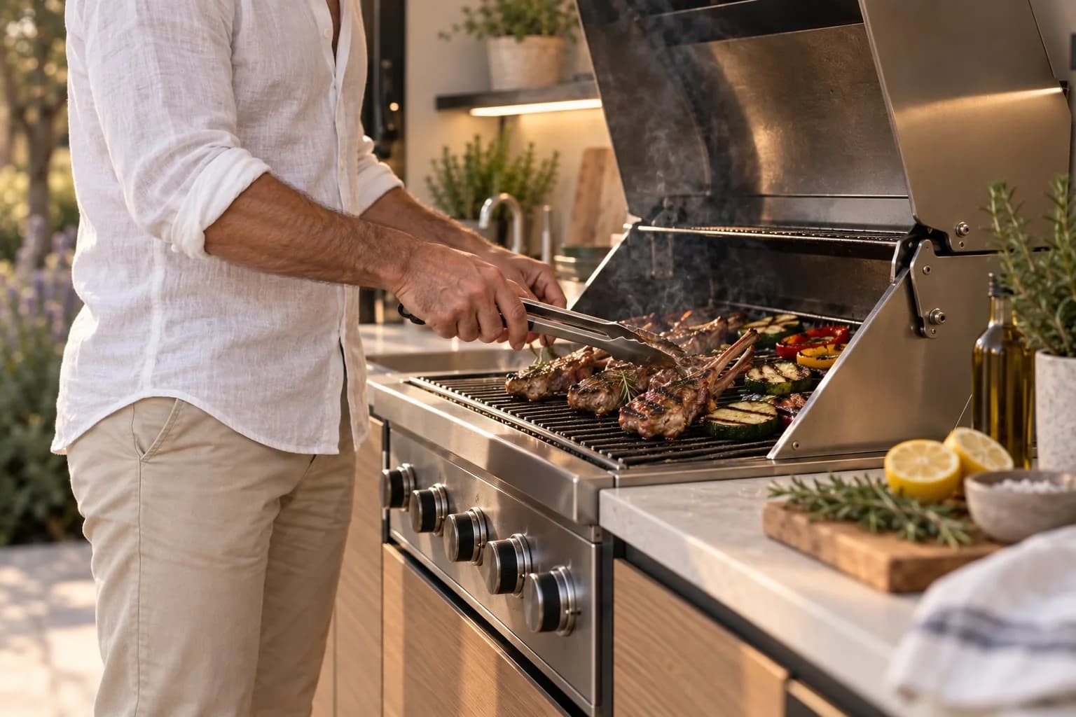 Primo piano di costolette e verdure sulla griglia a carbone della cucina outdoor.