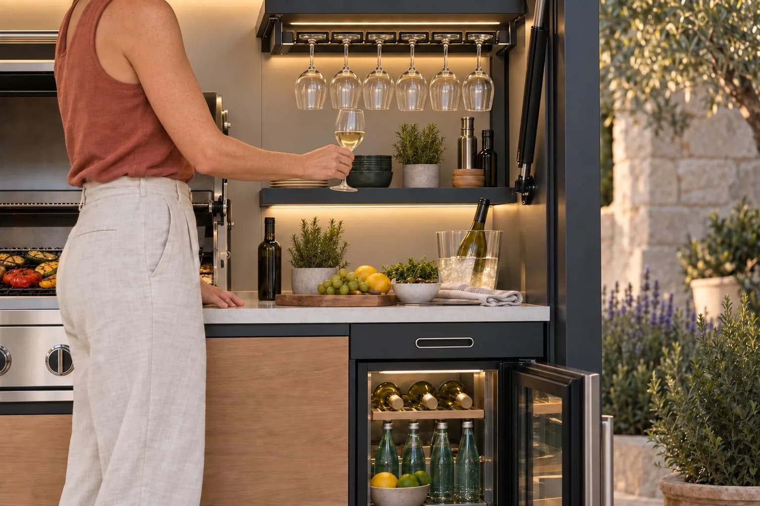 Dettaglio del portacalici integrato con sei bicchieri e del frigo bar aperto con vino bianco.