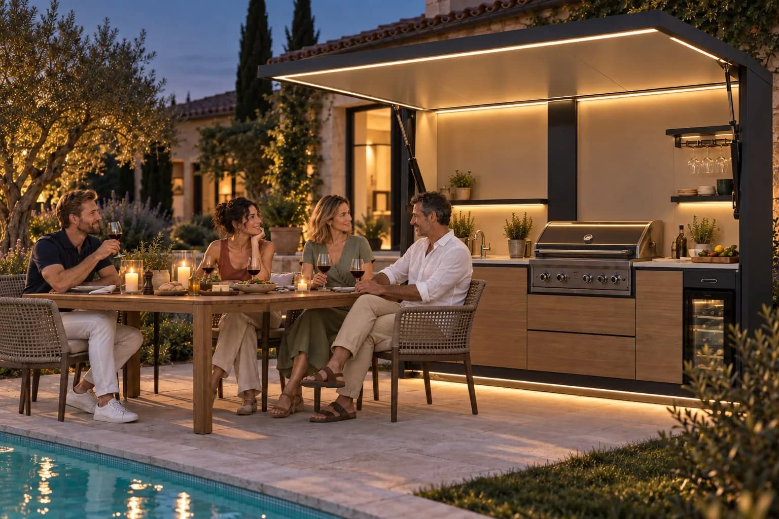 Lo stesso giardino all'ora blu: cucina outdoor illuminata, amici ancora a tavola.