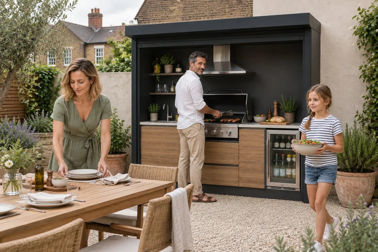 Giardino di una casa a schiera con cucina outdoor a serranda aperta; famiglia che prepara il pranzo.