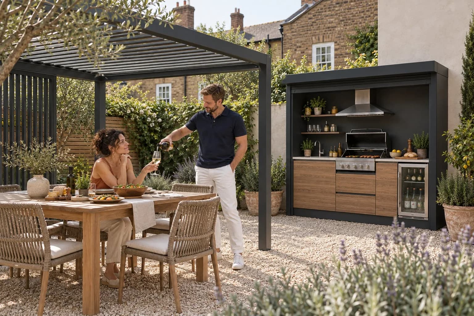 Pergola a lamelle orientabili sopra il tavolo, cucina a serranda accanto, un uomo versa vino bianco.