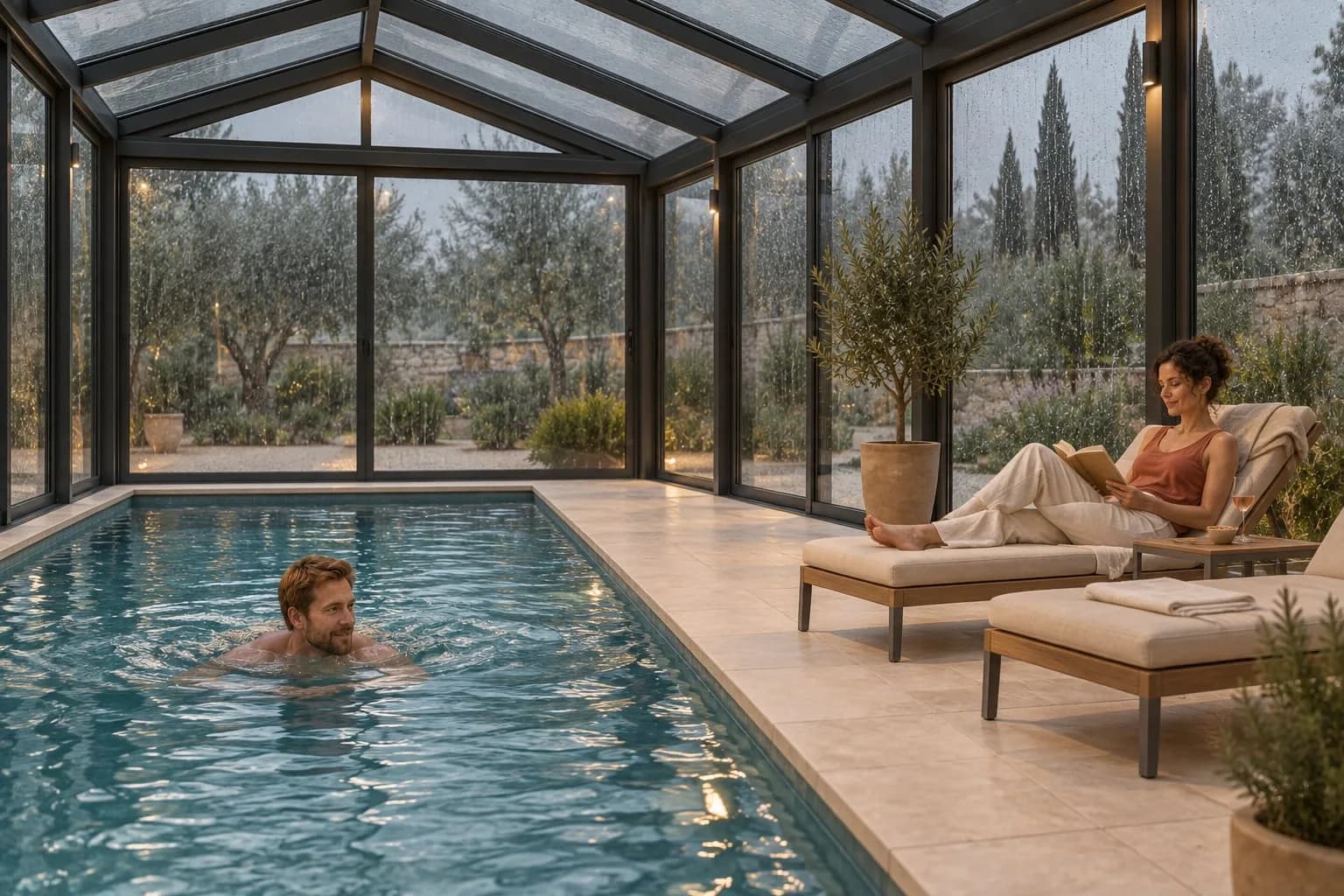 Interno della copertura per piscina: un uomo nuota, una donna legge su un lettino, giardino grigio oltre il vetro.
