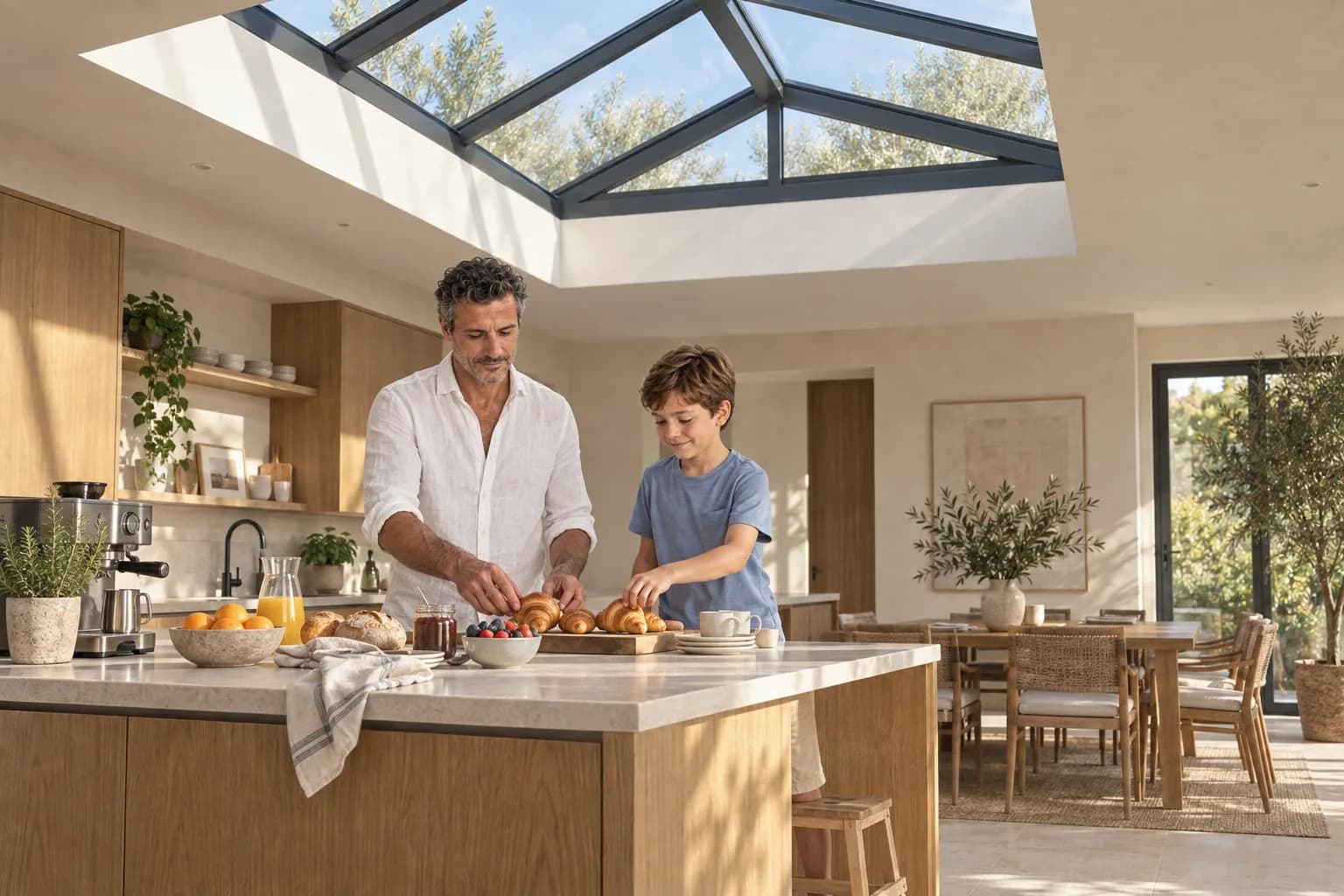Cucina con lucernario a padiglione in alluminio; padre e figlio preparano la colazione all'isola.
