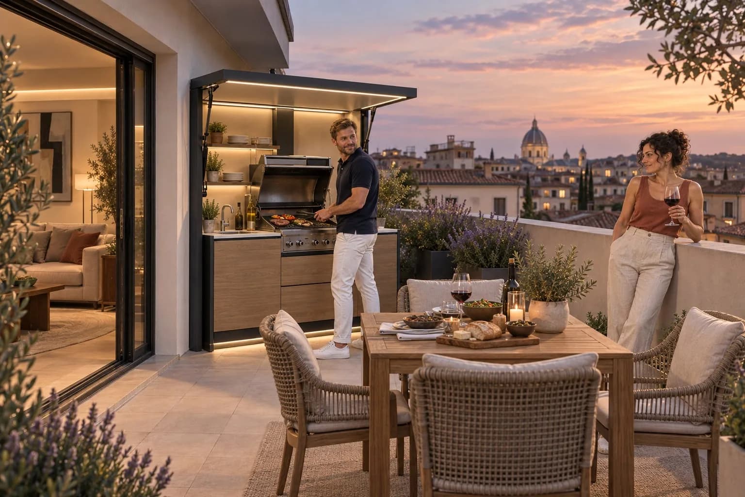 Terrazza al secondo piano con porte scorrevoli aperte e cucina outdoor compatta; coppia con vino al tramonto.