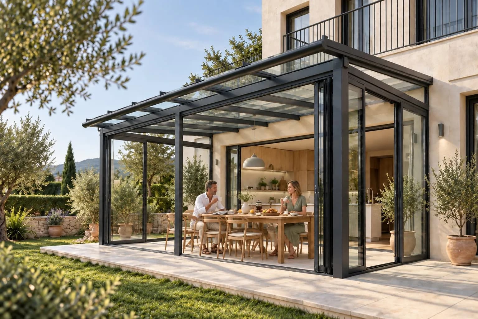 Veranda in alluminio vista dal giardino in primavera; coppia a colazione al tavolo in rovere.