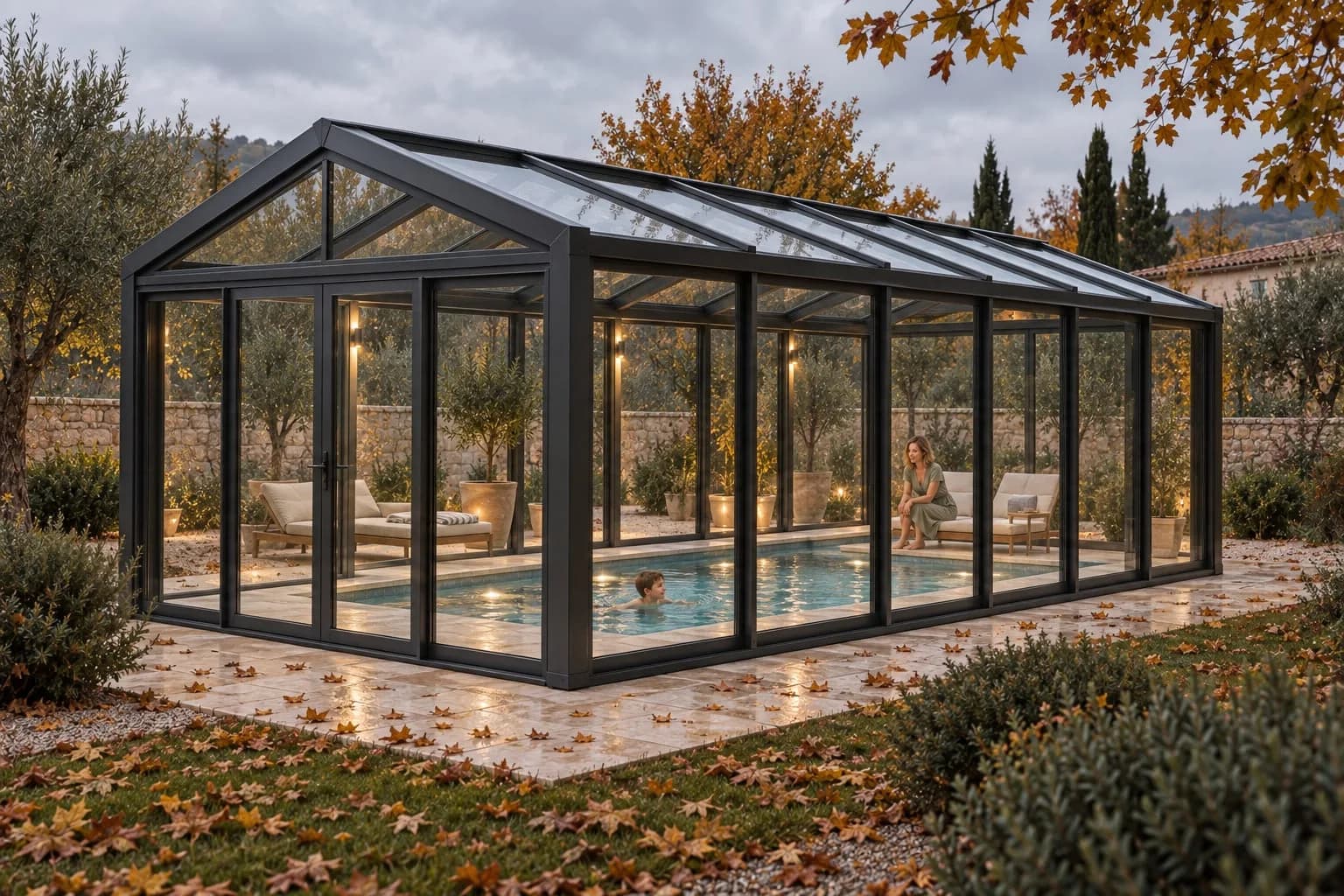 Copertura per piscina in alluminio e vetro vista dall'esterno in autunno; bambino che nuota all'interno.